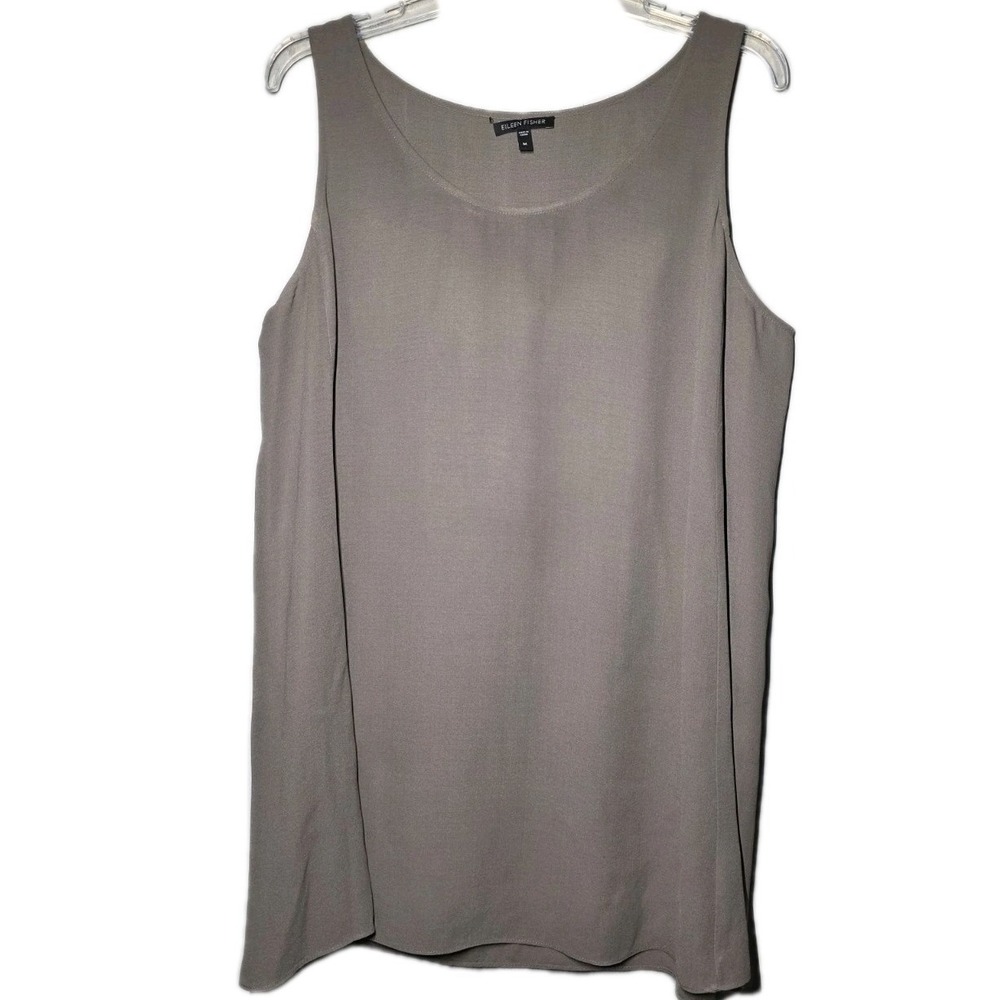 Eileen Fisher Womens Size Medium Gray Silk Georgette Crepe Long Tunic Shell